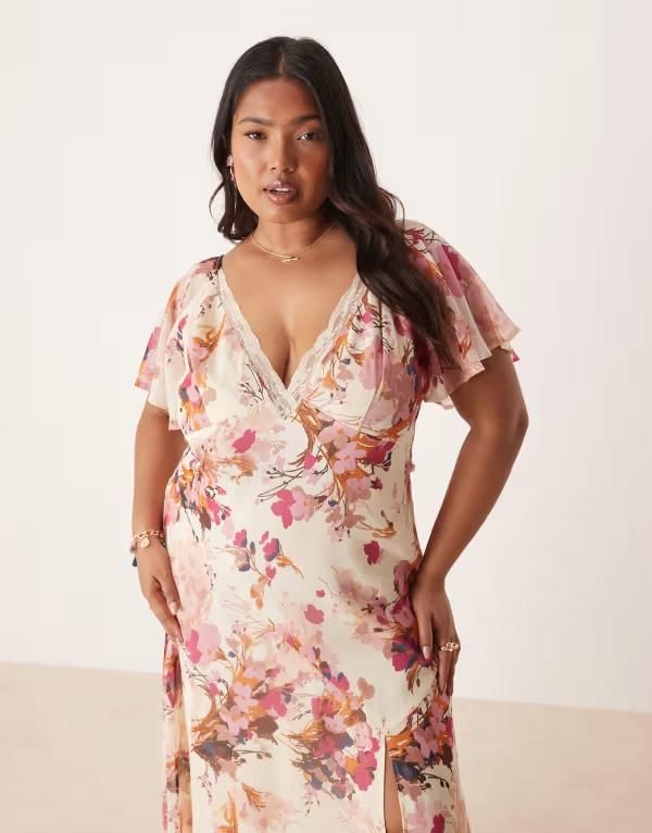 エイソス レディース トップス ワンピース シフォン フラワー柄 プリント ミディ レース フラワー ASOS Curve ASOS DESIGN Curve lace insert chiffon