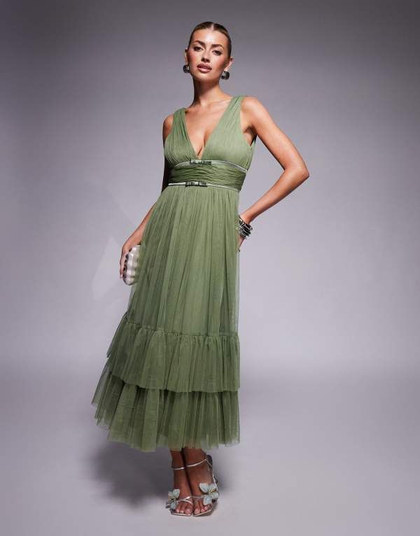 レース アンド ビーズ レディース トップス ワンピース チュール ティアード Lace Beads bow waist tiered tulle midaxi dress in soft olive