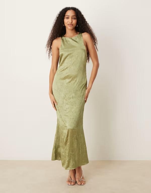エイソス レディース トップス ワンピース マキシワンピース サテン マキシ ASOS DESIGN racer twist back crinkle satin maxi dress in oliv
