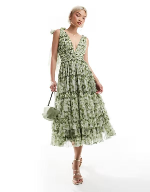 レース アンド ビーズ レディース トップス ワンピース ミディワンピース フラワー柄 ミディ フラワー Lace Beads Bridesmaid Madison bow shoulder midi