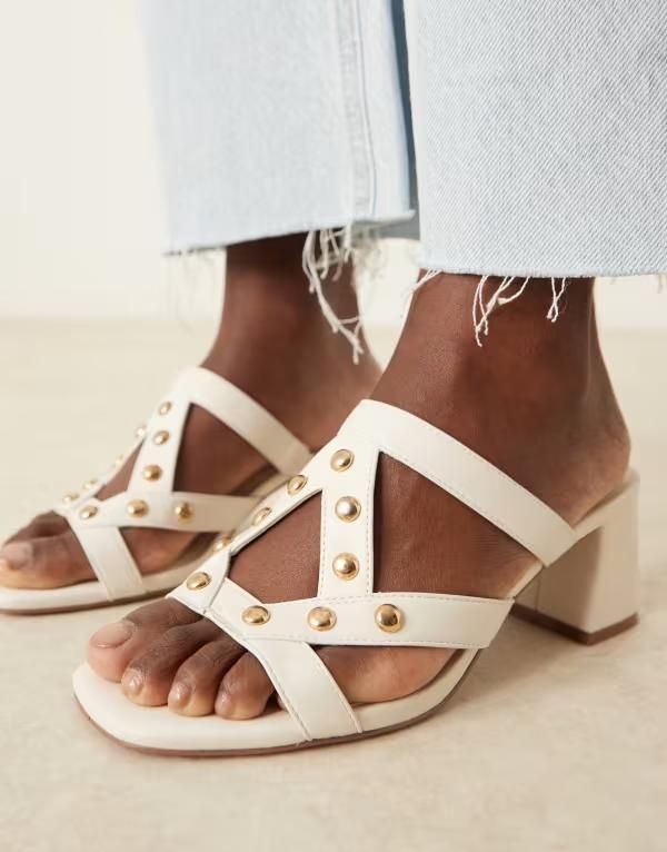 エイソス レディース シューズ サンダル ヒール ASOS DESIGN Howdy stud detail caged mid heeled mules Offwhite オフホワイト