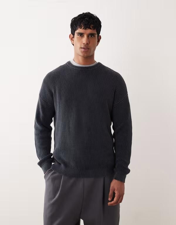 エイソス メンズ アウター ニット・セーター クルーネック リブ ASOS DESIGN relaxed knit ribbed crew neck sweater acid wash NAVY ネイ