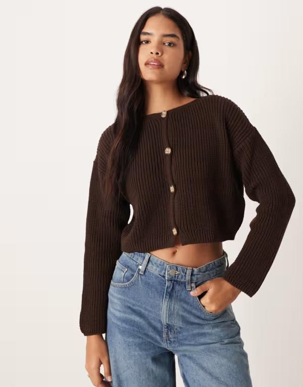エイソス レディース アウター カーディガン クルーネック リブ ASOS DESIGN crew neck ribbed cardigan in chocolate Chocolate チョコレート