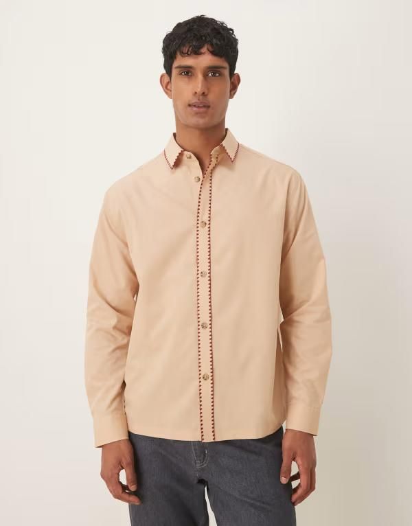 エイソス メンズ トップス シャツ ASOS DESIGN relaxed shirt with stitch detail BEIGE ベージュ