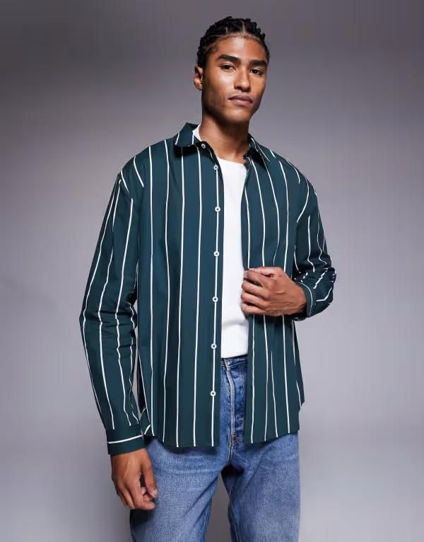 エイソス メンズ トップス シャツ ASOS DESIGN relaxed poplin shirt stripes DARK GREEN グリーン