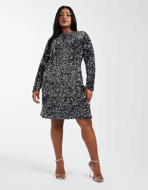 ヴェロモーダ レディース トップス ワンピースパンコール Vero Moda Curve textured sequin dress and BLACK SILVER SEQUINS ブラック