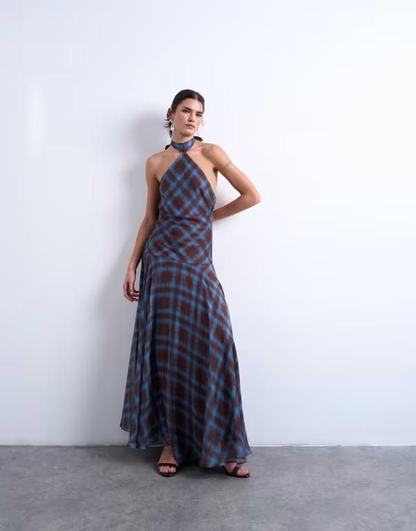 トップショップ レディース トップス ワンピース シフォン マキシ Topshop volume hem dropped waist maxi dress check chiffon Blue Che