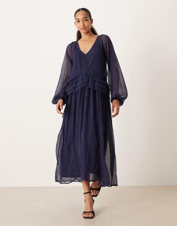 エイソス レディース トップス ワンピース Vネック ミディワンピース フリル ミディ ASOS DESIGN v neck smock midi dress with ruffles in deep