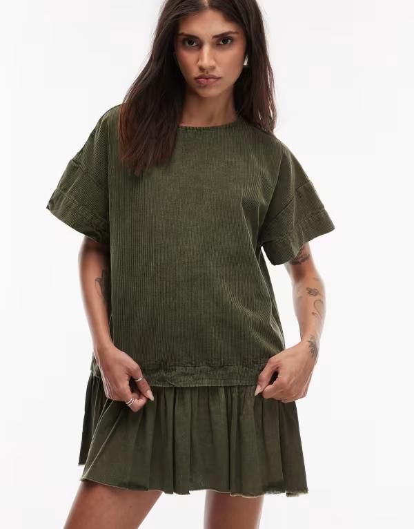 エイソス レディース トップス ワンピース ミニワンピース ミニ Tシャツ ASOS DESIGN cord hybrid Tshirt mini dress in washed olive Wash