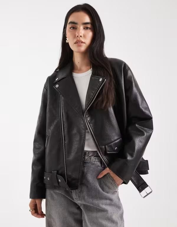ミスセルフフリッジ レディース アウター コート レザー フェイクレザー ジャケット Miss Selfridge padded faux leather oversized biker jacket