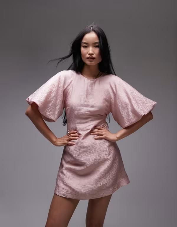 アンドアザーストーリーズ レディース トップス ワンピース ミニ Other Stories mini round neck dress with puff sleeves PINK ピンク