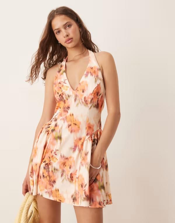 エイソス レディース トップス ワンピース ヴィンテージ ミニワンピース フラワー柄 プリント ミニ フラワー ホルター ASOS DESIGN halterneck corset detail mi