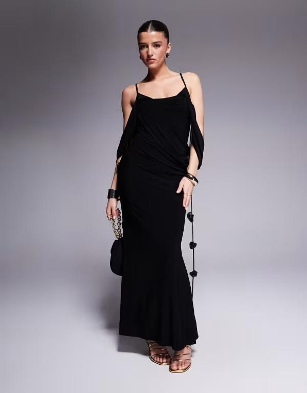 エイソス レディース トップス ワンピース ミディワンピース ドレープ ミディ ASOS DESIGN draped off the shoulder layered neckline midi dr