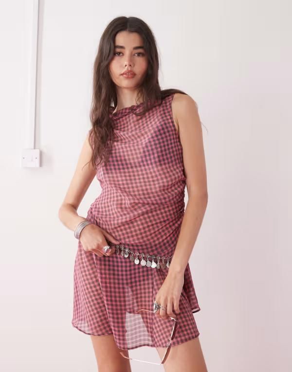コルージョン レディース トップス ワンピース ミニワンピース ギンガムチェック ミニ シアー ギンガム COLLUSION sheer mini dress in sheer pink and bl