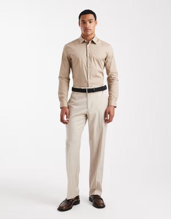 エイソス メンズ トップス シャツ ASOS DESIGN skinny poplin shirt BEIGE ベージュ