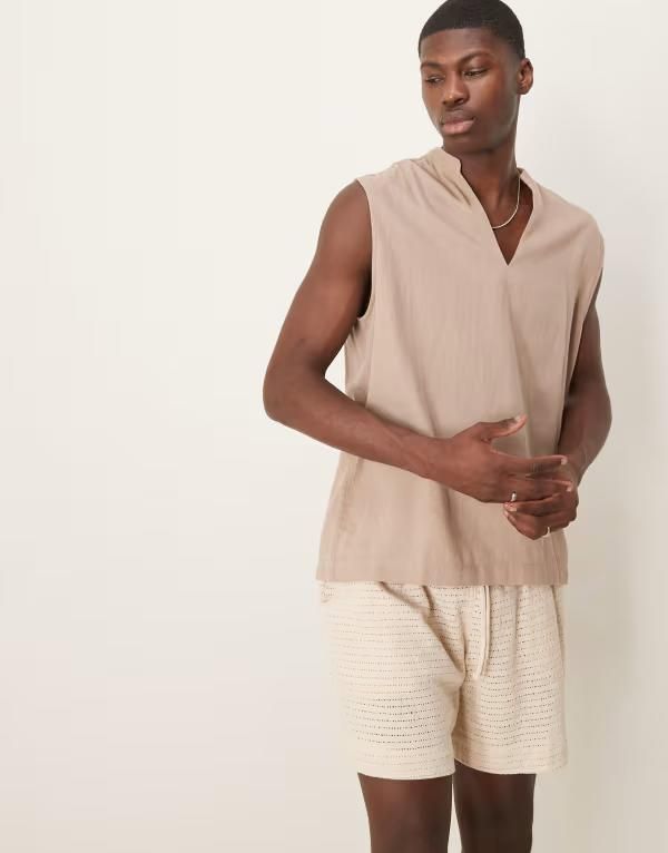 エイソス メンズ トップス シャツ ASOS DESIGN overhead shirt with stand collar in stone STONE ストーン