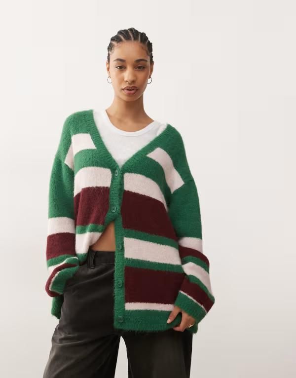 モンキ レディース アウター カーディガン Monki oversized stripe cardigand pink stripe Green グリーン