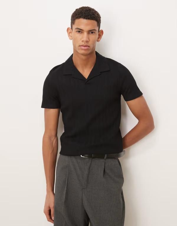 エイソス メンズ トップス ポロシャツ リブニット ASOS DESIGN heavyweight muscle fit camp collar polo shirt rib knit Black ブ