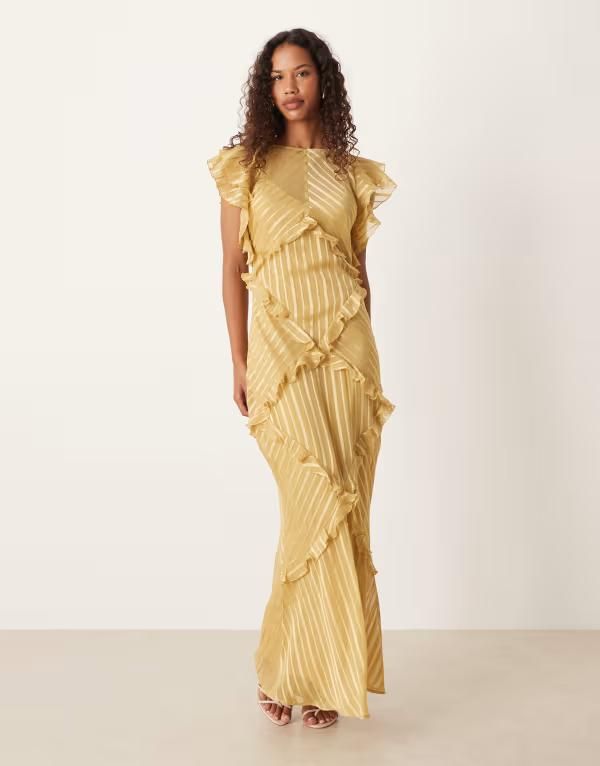 エイソス レディース トップス ワンピース マキシ ASOS DESIGN maxi dress with frill body detailing in yellow stripes Yellow