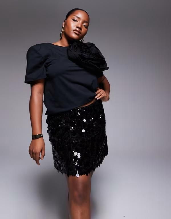 エイソス レディース ボトムスカート ミニ スパンコール ASOS Curve ASOS DESIGN Curve mixed sequin mini skirt Black ブラック