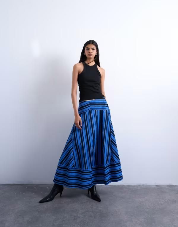 トップショップ レディース ボトムス スカート マキシ Topshop full circle cut about maxi skirt and black stripe Blue and black