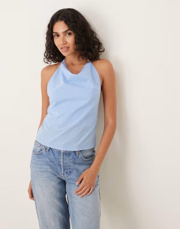 マンゴ レディース トップス タンクトップ ホルター Mango halter cowl neck top with hotfix detailing Pale blue ブルー