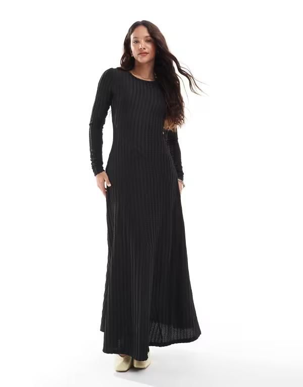 スリードベア レディース トップス ワンピース マキシワンピース リブ マキシ Threadbare long sleeve ribbed textured maxi dress Black ブラック