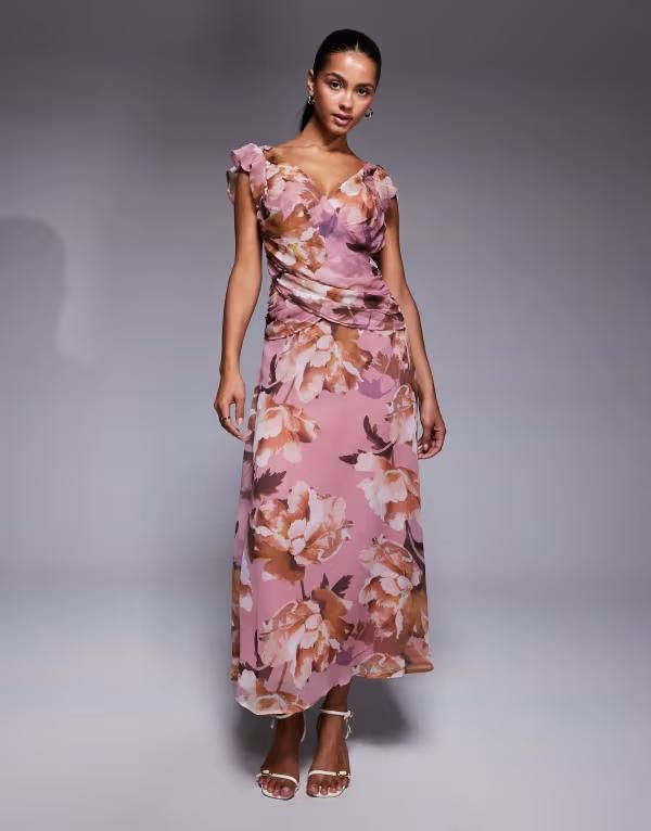 エイソス レディース トップス ワンピース ヴィンテージ マキシワンピース フラワー柄 プリント マキシ フラワー ASOS DESIGN flutter sleeve wrap maxi dress