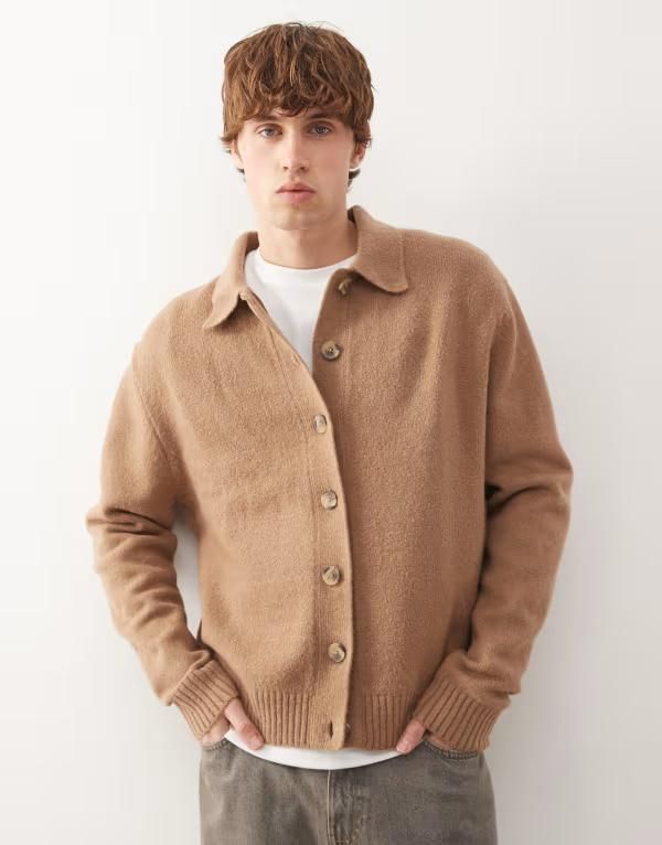 コルージョン メンズ アウター ニット・セーター ボタンダウン COLLUSION knit button down sweater BROWN ブラウン