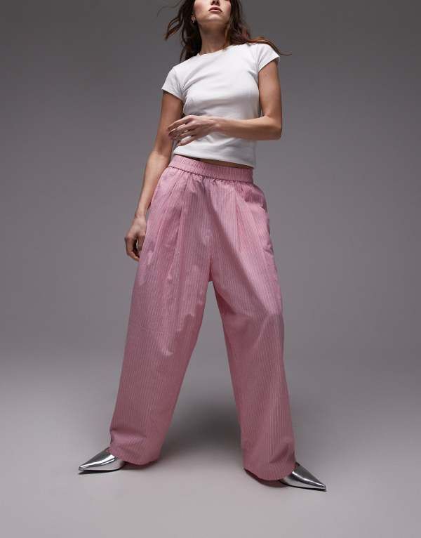 トップショップ レディース ボトムス カジュアルパンツ パンツ Topshop striped tapered awkward length pants pink ピンク