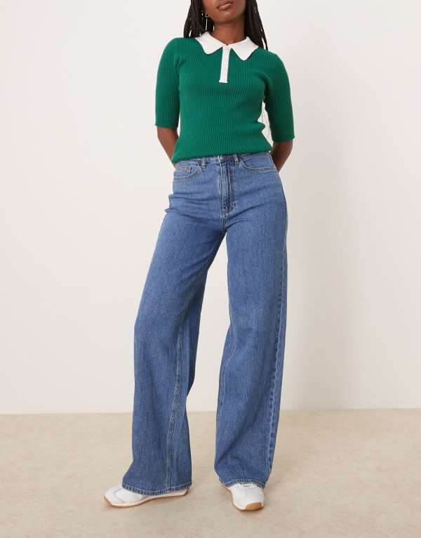 ヴィラ レディース ボトムス デニムパンツ ワイドレッグ ハイウエスト デニム Vila Freya high waist wide leg jean in medium blue denim Med