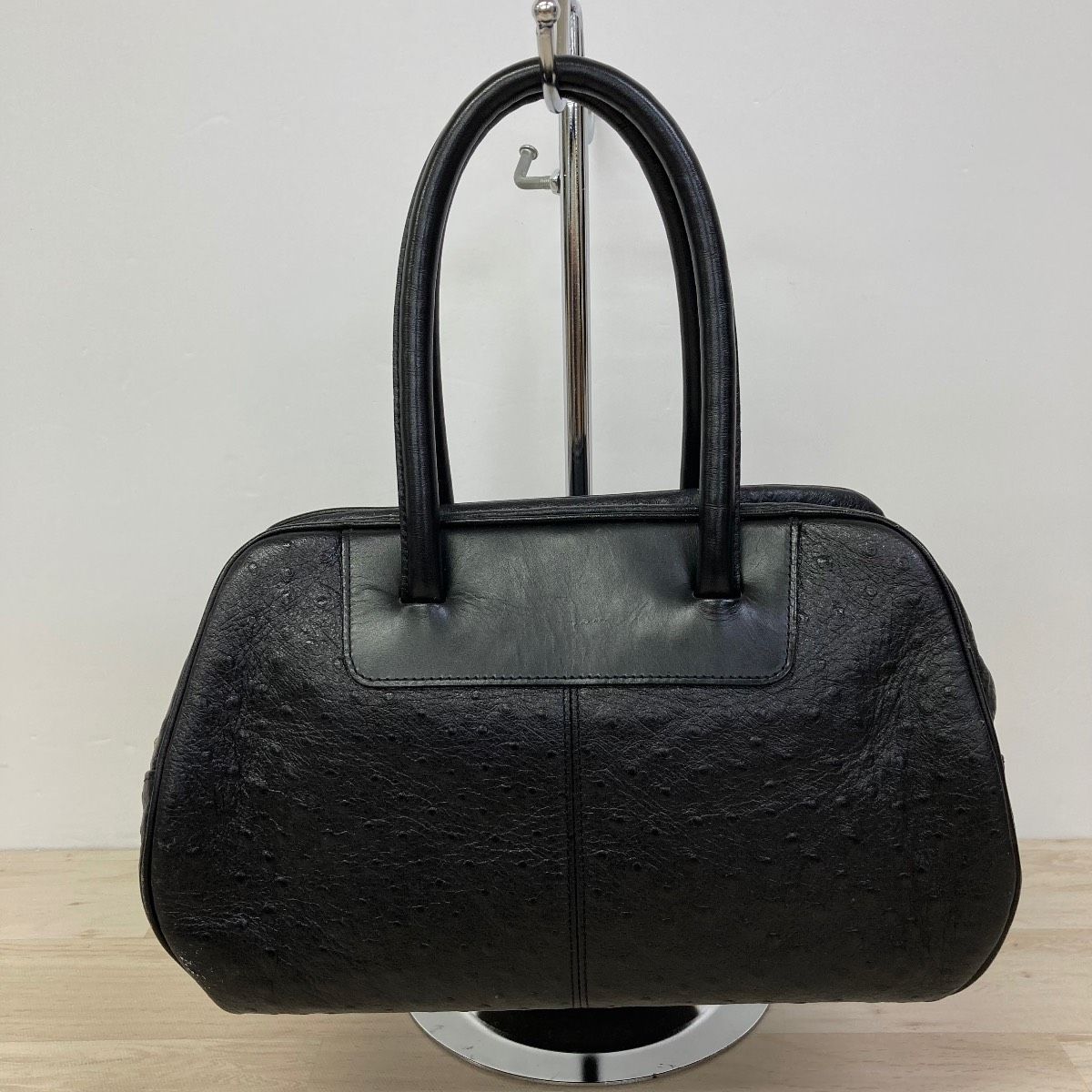 美品 HANAE MORI/ハナエモリ オーストリッチ調 ハンドバッグ ブラック