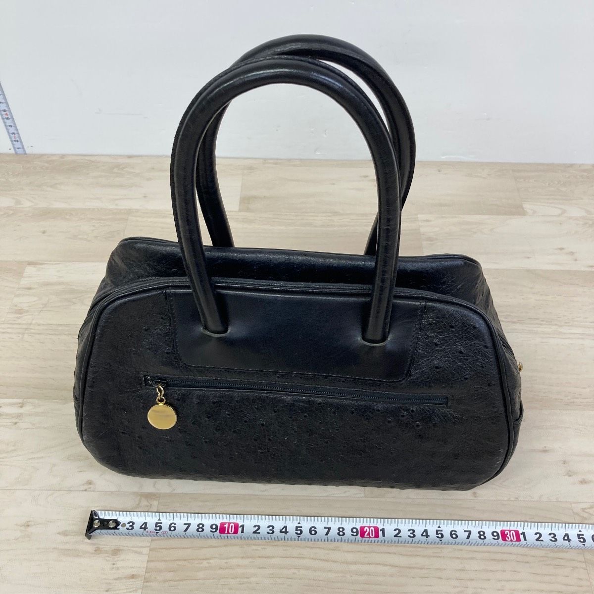 美品 HANAE MORI/ハナエモリ オーストリッチ調 ハンドバッグ ブラック