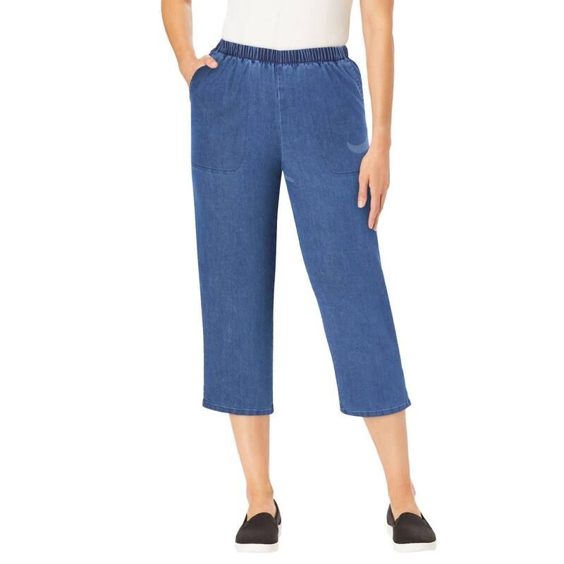 ウーマン ウィズイン レディース ボトムス カジュアルパンツ プラスサイズ プチ デニム キャップ ジーンズ Woman Within Plusize Petite Fineline Stretch