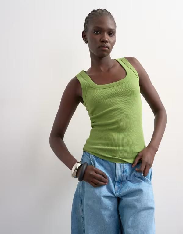 トップショップ レディース トップス ベスト リブ Topshop ribbed scoop neck tank top GREEN グリーン