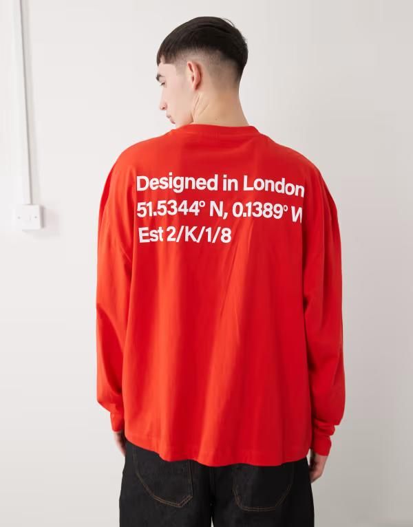 コルージョン メンズ トップス Tシャツ プリント COLLUSION oversized long sleeve tshirt with back and chest prints RED レッド