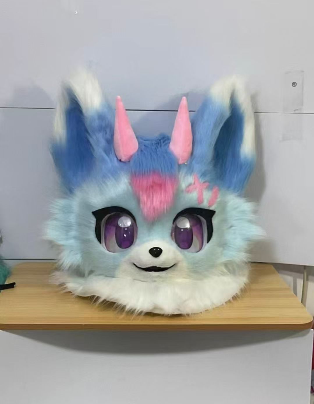水色ピンク竜ケモヘッド ピンクツノ付き ふわもこファースーツ頭部 ハンドメイド受注生産 ケモイベントコスプレ撮影