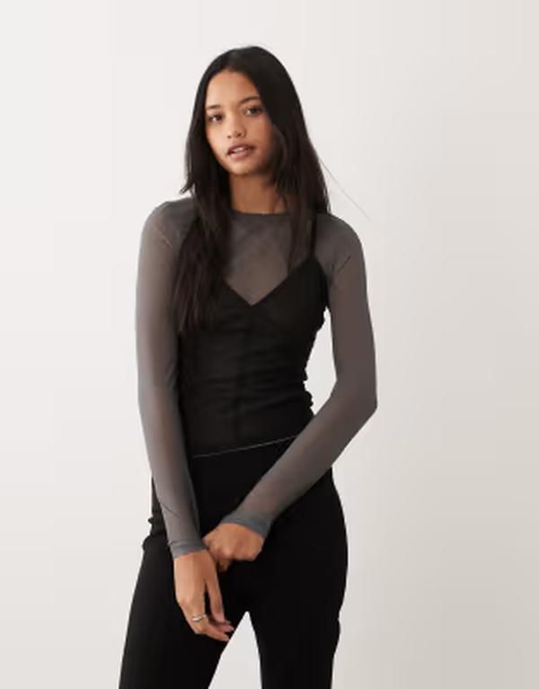 エイソス レディース トップス シャツ メッシュ コントラスト ASOS DESIGN mesh double layered long sleeve top with contrast camin