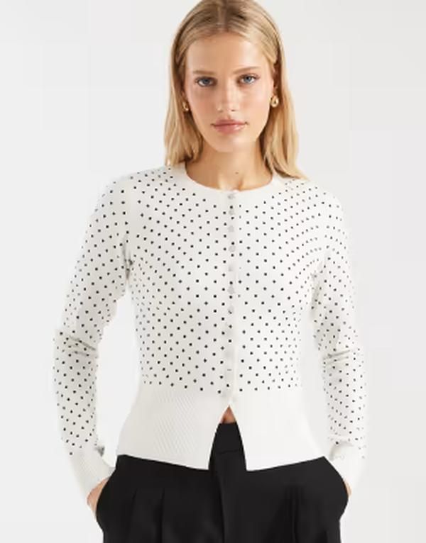 スリードベア レディース アウター カーディガン ドット柄 クルーネック ドット プリント Threadbare crew neck cardigan with polka dot print WHI