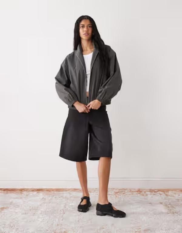 ウィークデイ レディース アウター ジャケット・ブルゾン Weekday track jacket with funnel collar in dark gray グレー
