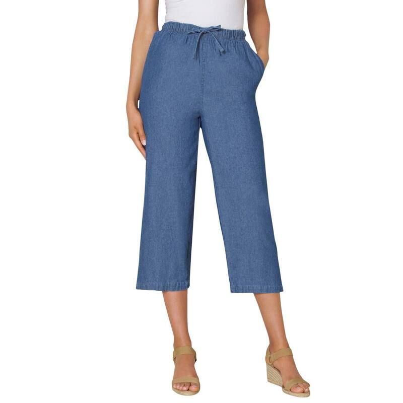ウーマン ウィズイン レディース ボトムス カジュアルパンツ プラスサイズ デニム キャップ Woman Within Plusize Drawstring Denim Capri Stonewash
