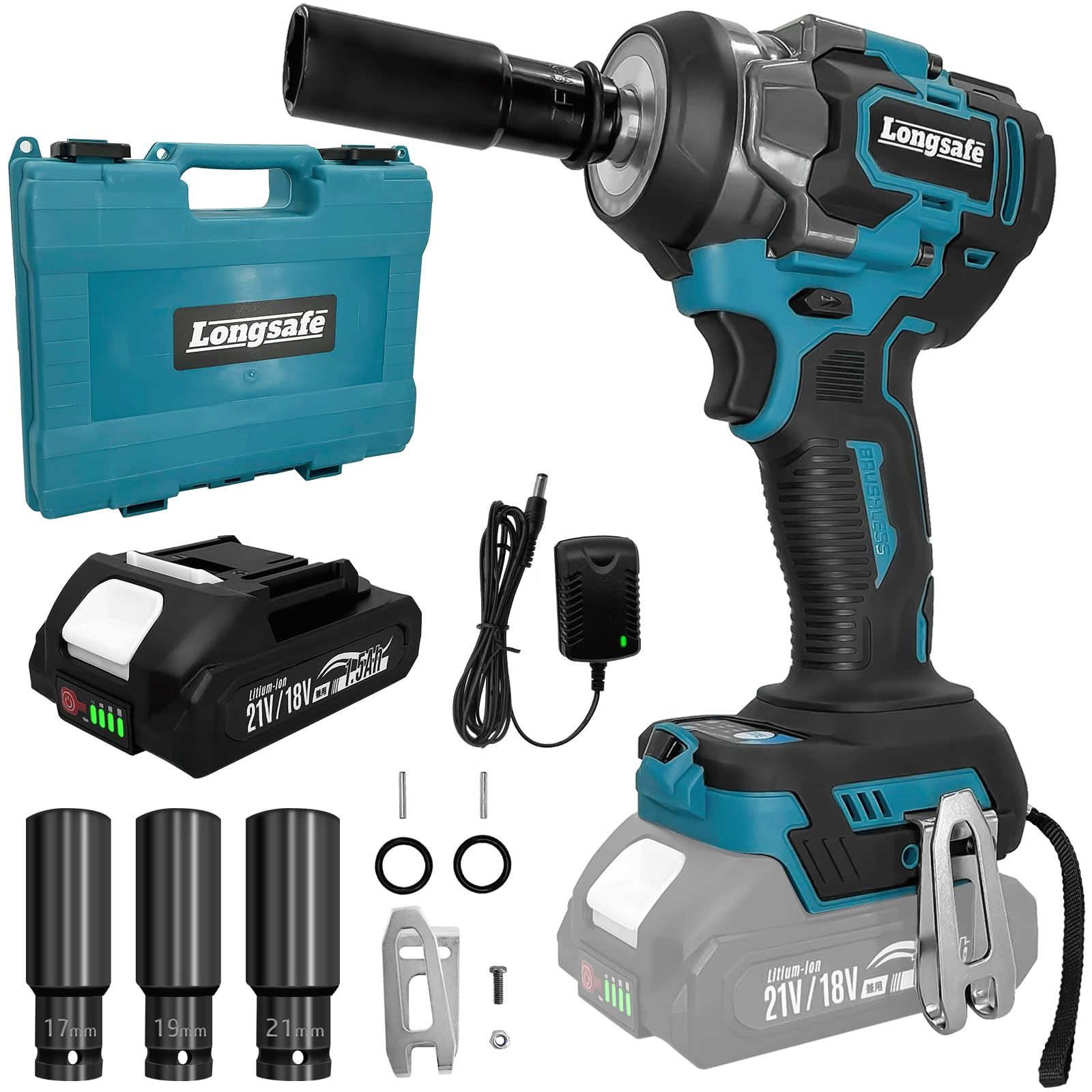 マキタ 互換 充電式 インパクトレンチ 450N 2.0Ahバッテリー 充電器 収納ケース ソケット3種 フルセット ブラシレスモーター リングライト 搭載 タイヤ交換 電動 コードレス 18V バッテリー対応 Longsafe (IPW02 2785fc20