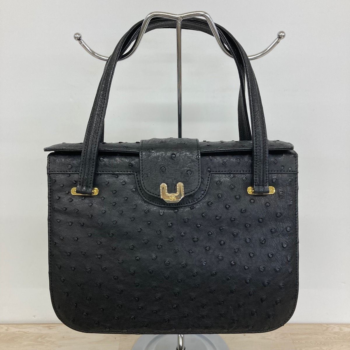 希少 オーストレッグ ゴールド トートバッグ OSTRICH オーストリッチ ハンドバッグ ブラック ゴールド金具 ダチョウ革