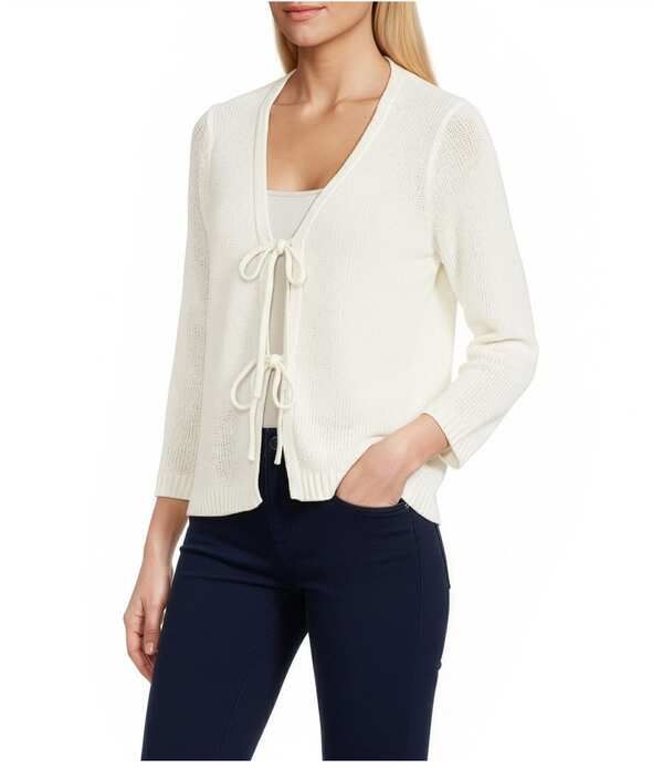 ジョーンズニューヨーク レディース アウター ニット・セーター Vネック カーディガン Jones New York Tie Front VNeck 34 Sleeve Cardigan White