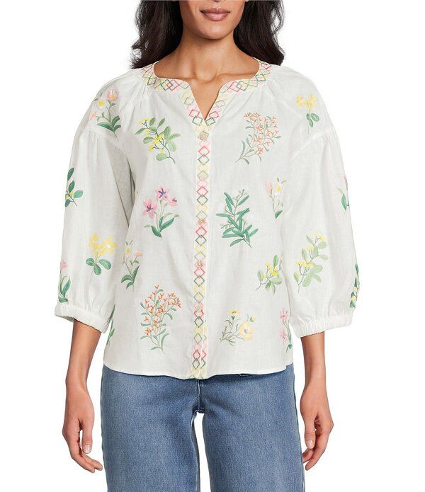 ジョン マーク レディース トップス シャツ フラワー柄 フラワー John Mark Woven Floral Embroider YNeck 34 Blouson Sleeve Top White