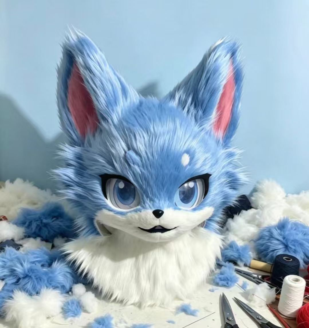 水色ウルフケモヘッド ふわもこファースーツ頭部 ハンドメイド受注生産 ケモイベントコスプレ撮影