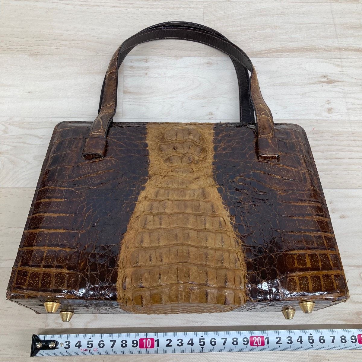 ハンドメイド ワニ型レザーバッグ ブラウン ワニ革 ハンドバッグ/トートバッグ ブラウン系 背ワニ クロコダイル