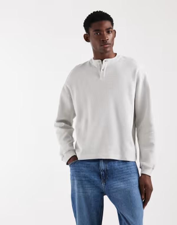 エイソス メンズ トップス Tシャツ ヘンリーネック ニット ASOS DESIGN oversized boxy long sleeve tshirt withenley neck waffle k