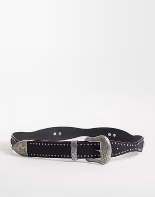 エイソス メンズ アクセサリー ベルト レザー フェイクレザー ASOS DESIGN faux leather studded western belt with engravedtexture s
