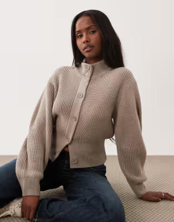エイソス レディース アウター カーディガン スタンドネック ニット ASOS DESIGN knit funnel neck cardigan in stone ストーン